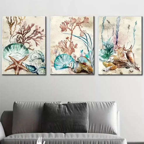3pcs Underwater World with Seaweed, Starfish Wall Art Set Canvas Unframed - High Quality Print 100% Australian Made Wall Canvas
