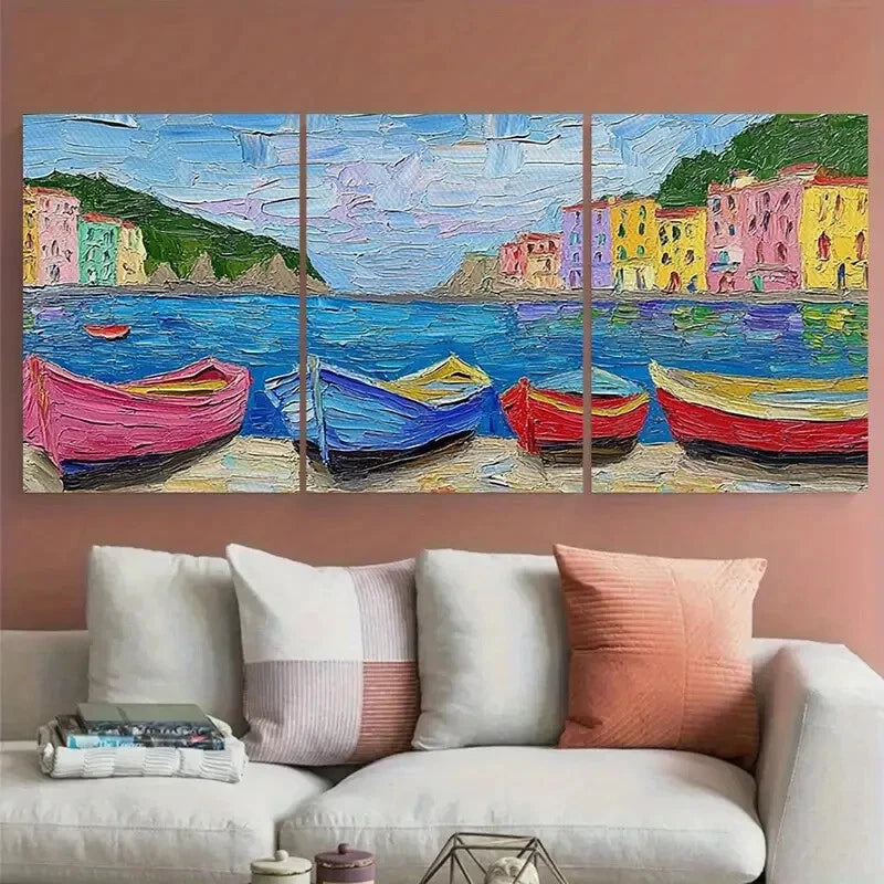 3pcs Pastel Row Boat in an Italian Fishing Village Metal Print Ready to Hang Art
