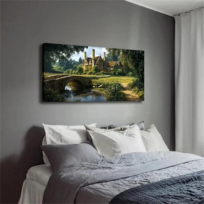 Country Manor Landscape Bridge Wall Art Canvas Office Home Room Framed 120x60cm - Bella Home Decor
