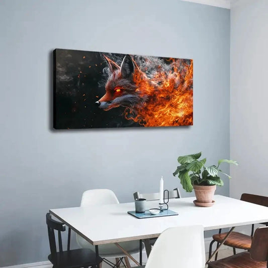 Fox and Fire Modern Minimalist Wall Art Canvas Office Home Room Framed 120x60cm