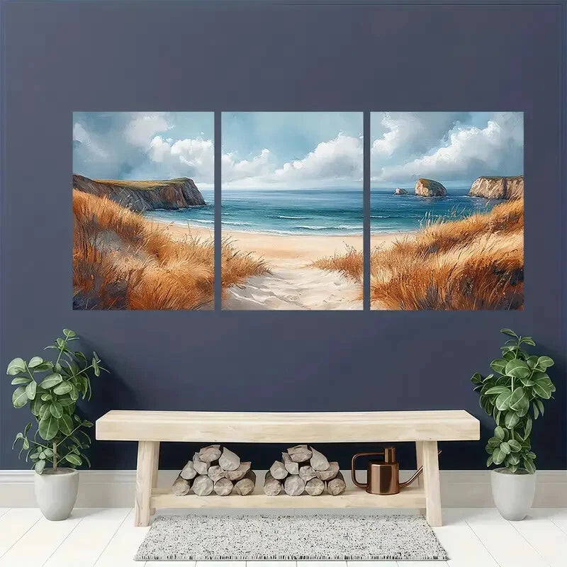 3pcs Coastal Watercolor Art Paintings Prints Metal Print Ready to Hang Art - Bella Home Decor
