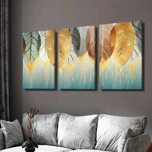 3pcs Designs of Golden Falling Leaves Wall Art Canvas Unframed - High Quality Print 100% Australian Made Wall Canvas - Bella Home Decor
