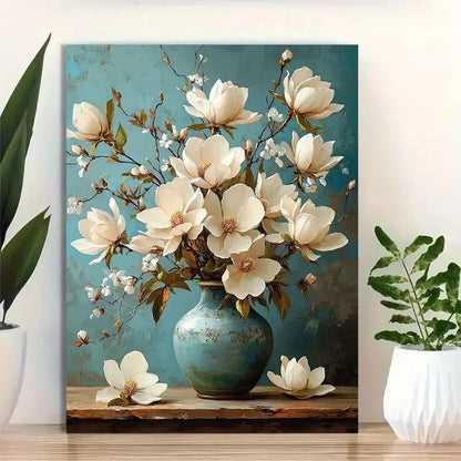 Beautiful Elegant Magnolia Bouquet Painting 40x60cm Metal Print Ready to Hang - Bella Home Decor