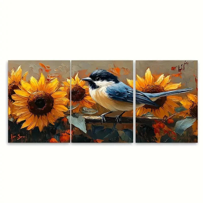 3pcs Chickadee Painting Sunflowers   Wall Art Set Canvas Framed 60x90cm - High Quality Print 100% Australian Made Wall Canvas Ready to Hang - Bella Home Decor