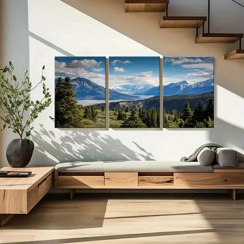 3pcs Mountains Trees and Blue Sky with Clouds Wall Art Set Canvas Framed 40x60cm - High Quality Print 100% Australian Made Wall Canvas Ready to Hang - Bella Home Decor