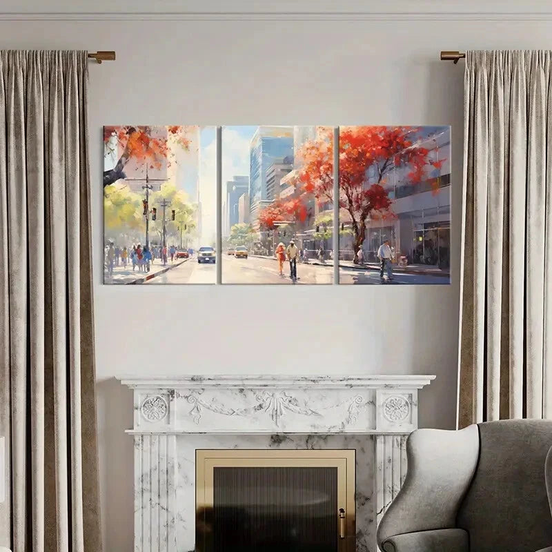 3pcs Abstract Cityscape Autumn Trees Urban Life Metal Print Ready to Hang Art - Bella Home Decor