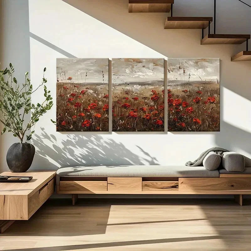 3pcs Abstract Landscape Art Red Poppies Metal Print Ready to Hang Art - Bella Home Decor