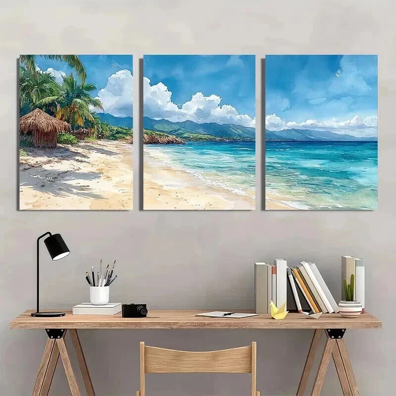 3pcs Serranilla Island Beach Huts & Ocean Views Wall Art Set Canvas Framed 60x90cm - High Quality Print 100% Australian Made Wall Canvas Ready to Hang - Bella Home Decor