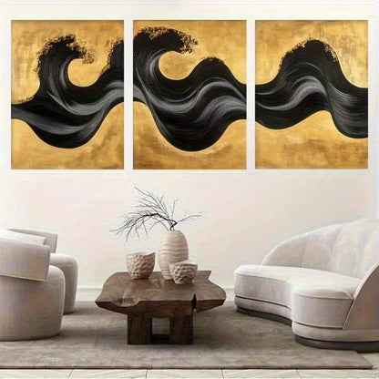 3pcs Black and Golden Abstract Wave Painting Metal Print Ready to Hang Art - Bella Home Decor
