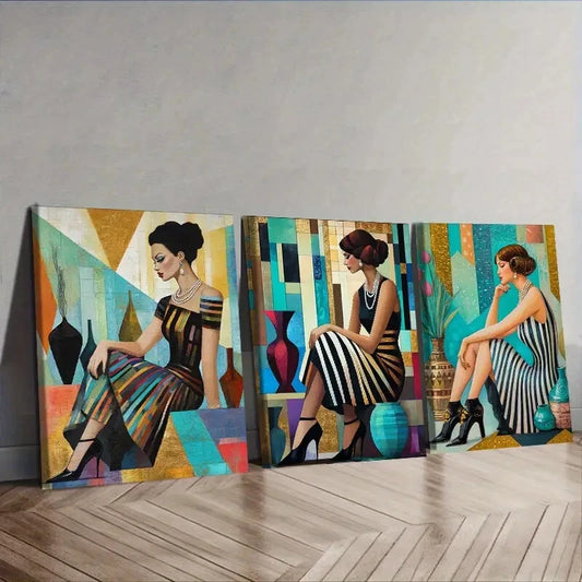 3pcs R etro fashion girl, Wall Art Set Canvas Framed 40x60cm - High Quality Print 100% Australian Made Wall Canvas Ready to Hang