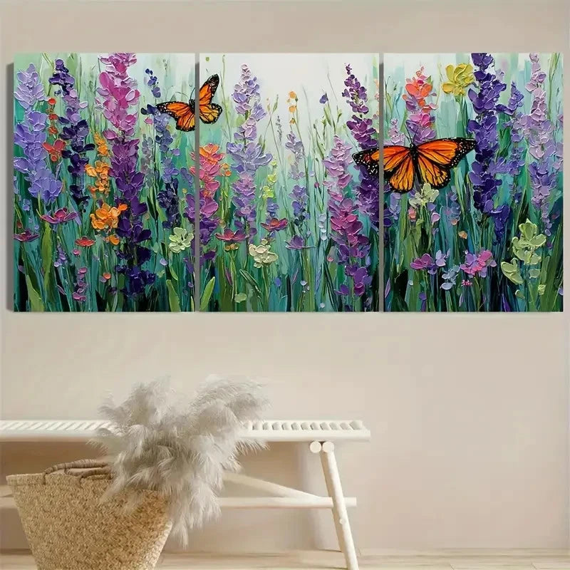 3pcs Butterfly Lavender Wildflowers Wall Art Set Canvas Framed 60x90cm - High Quality Print 100% Australian Made Wall Canvas Ready to Hang - Bella Home Decor