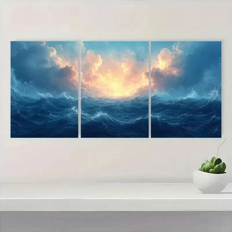 3pcs Featuring an Ocean Landscape Artwork Metal Print Ready to Hang Art - Bella Home Decor
