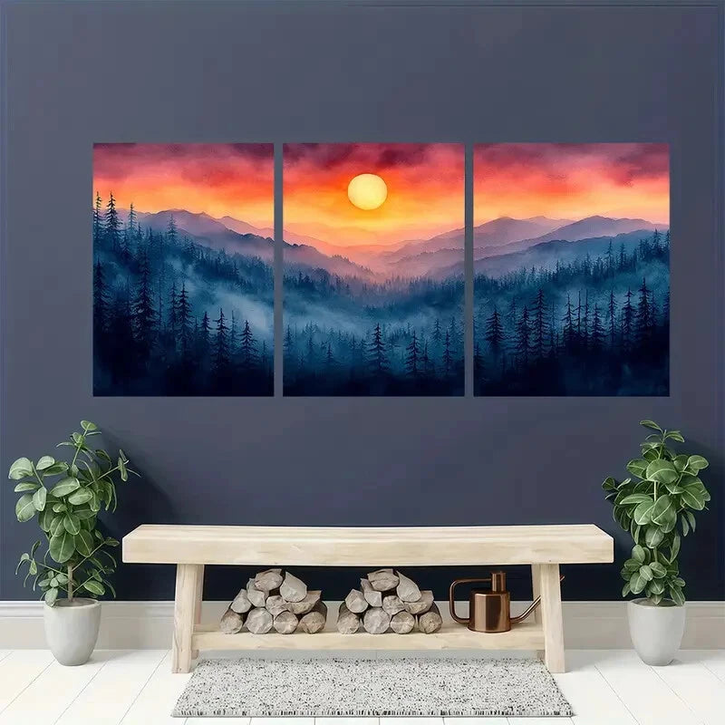 3pcs Watercolor Mountain Sunset Landscape Metal Print Ready to Hang Art - Bella Home Decor
