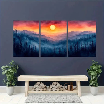 3pcs Watercolor Mountain Sunset Landscape Metal Print Ready to Hang Art - Bella Home Decor