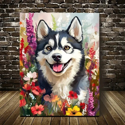 Flowers And Plants Cute Husky Dog Painting 40x60cm Metal Print Ready to Hang