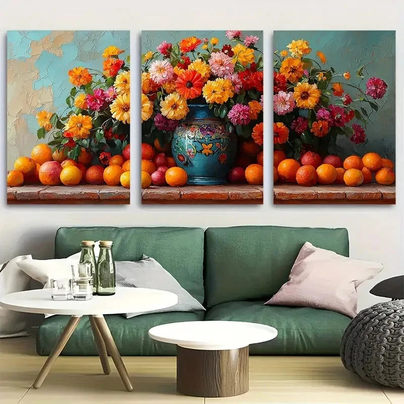 3pcs Vibrant Floral and Fruit Mexican Still Life Metal Print Ready to Hang Art