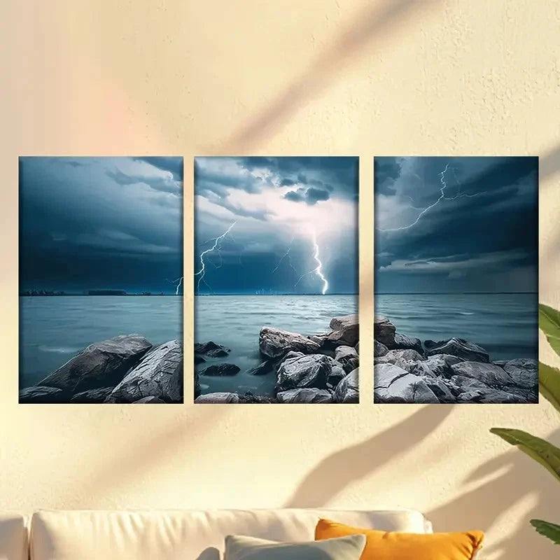 3pcs Thunder and lightning reef Wall Art Set Canvas Framed 50x70cm - High Quality Print 100% Australian Made Wall Canvas Ready to Hang - Bella Home Decor