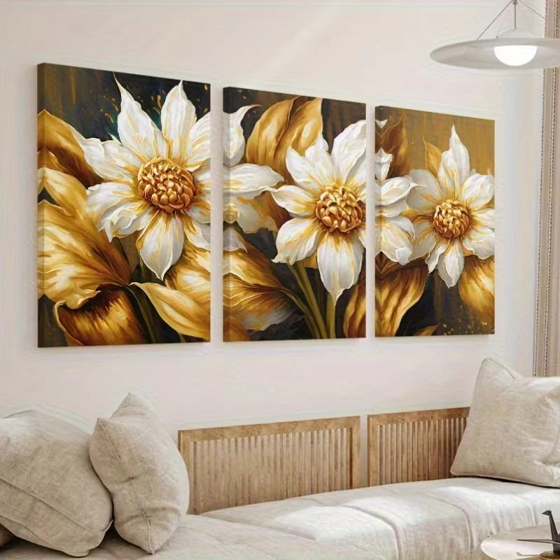 3pcs Elegant Abstract Golden Flower Wall Art Set Canvas Framed 40x60cm - High Quality Print 100% Australian Made Wall Canvas Ready to Hang
