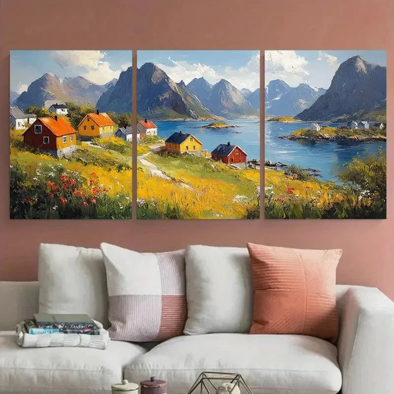 3pcs Lofoten Islands with Rustic Houses Design Metal Print Ready to Hang Art