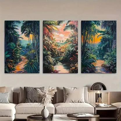 3pcs Scenic Tropical Forest Sunsets Metal Print Ready to Hang Art - Bella Home Decor