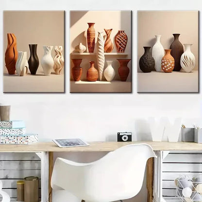 3pcs Featuring Solid Patterned Ceramic Bottle Wall Art Set Canvas Unframed - High Quality Print 100% Australian Made Wall Canvas