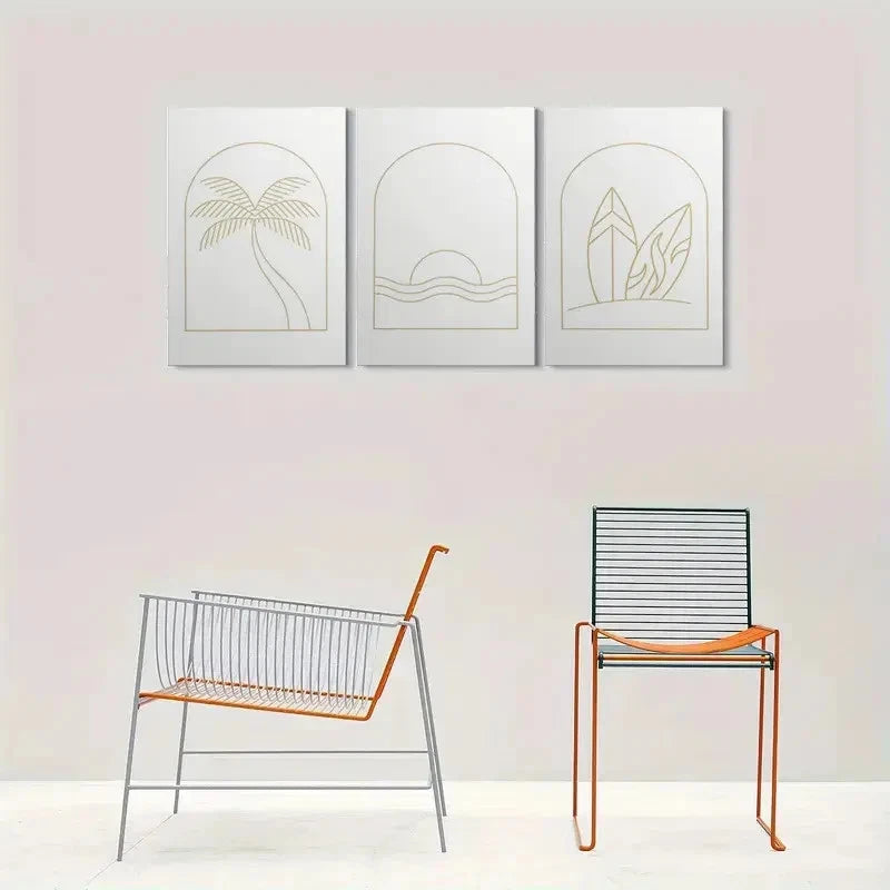 3pcs Golden Lines on White Coastal Palm Tree Metal Print Ready to Hang Art - Bella Home Decor