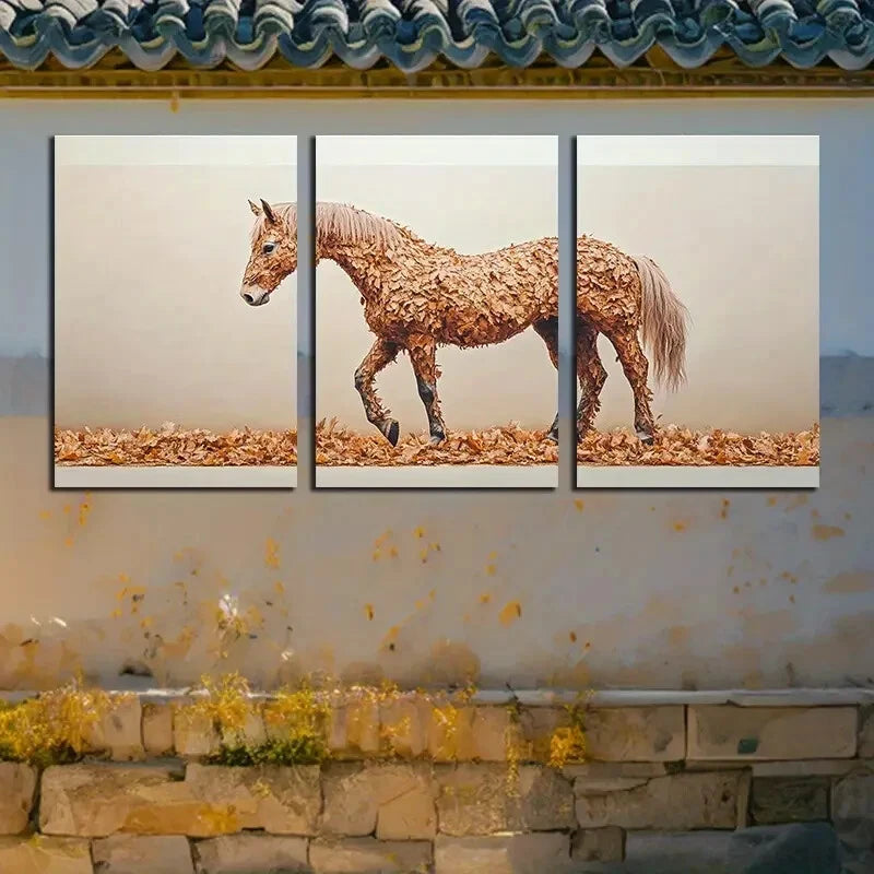 3pcs Autumn Leaf Horse Rustic Design Metal Print Ready to Hang Art - Bella Home Decor