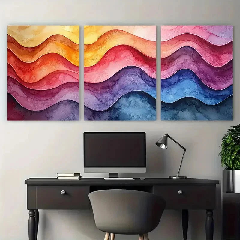 3pcs Bright Watercolour Wavy Lines Abstract Metal Print Ready to Hang Art - Bella Home Decor