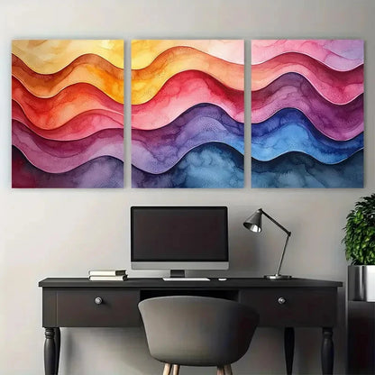 3pcs Bright Watercolour Wavy Lines Abstract Metal Print Ready to Hang Art - Bella Home Decor
