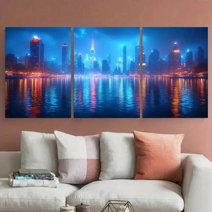 3pcs Illuminated Urban Skyline Night Cityscape Metal Print Ready to Hang Art - Bella Home Decor