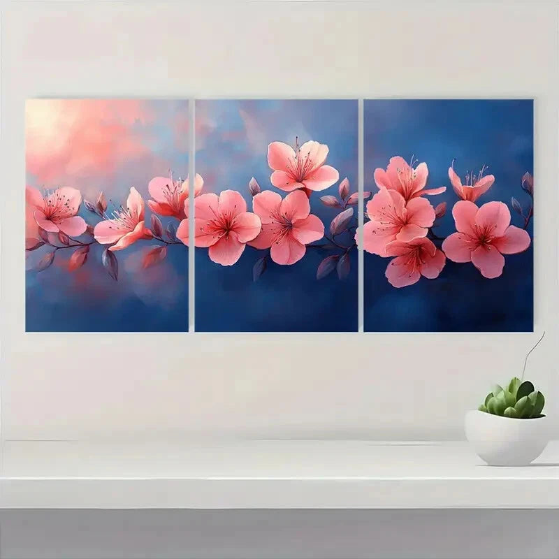 3pcs Delicate Pink Flowers and Green Leaves Metal Print Ready to Hang Art - Bella Home Decor