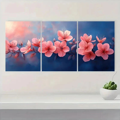 3pcs Delicate Pink Flowers and Green Leaves Metal Print Ready to Hang Art - Bella Home Decor