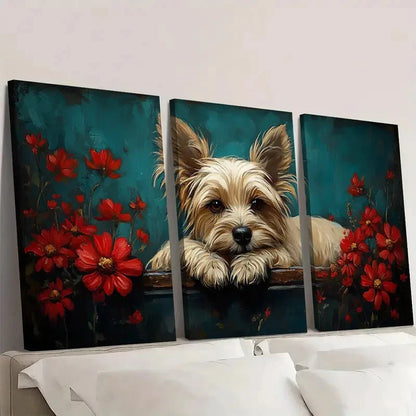 3pcs Red Flowers & Green Leaves Dog CD   Wall Art Set Canvas Framed 50x70cm - High Quality Print 100% Australian Made Wall Canvas Ready to Hang
