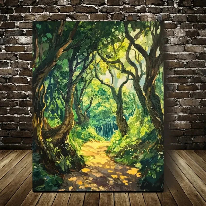 Lush Oak Forest Scene with Sunlit Pathway 40x60cm Metal Print Ready to Hang - Bella Home Decor