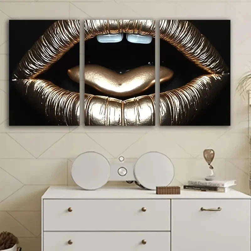 3pcs Golden Lips And Heart Design Metal Print Ready to Hang Art - Bella Home Decor