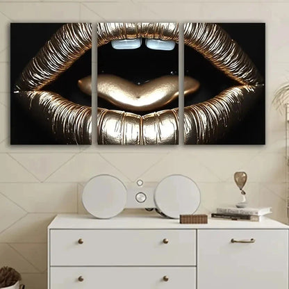 3pcs Golden Lips And Heart Design Metal Print Ready to Hang Art - Bella Home Decor