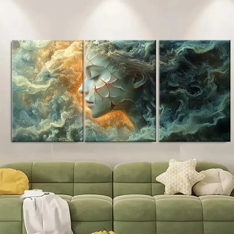 3pcs Ethereal Fractured Feminine Figure Metal Print Ready to Hang Art - Bella Home Decor