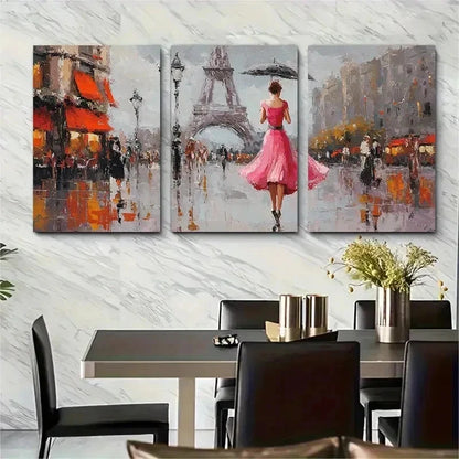 3pcs Elegant Lady In Paris Street Pink Perfect Wall Art Set Canvas Framed 50x70cm - High Quality Print 100% Australian Made Wall Canvas Ready to Hang
