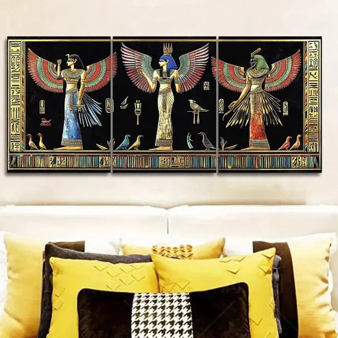 3pcs Black Ancient Egyptian Frescoes Wall Art Set Canvas Unframed - High Quality Print 100% Australian Made Wall Canvas