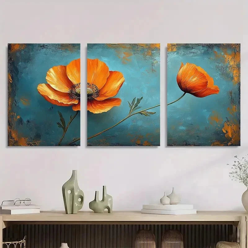 3pcs Wildflower Painting Vintage California Poppy Metal Print Ready to Hang Art