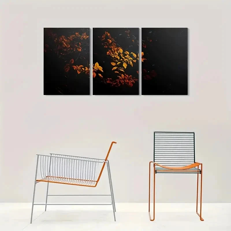 3pcs Golden Leaves Abstract Nature Metal Print Ready to Hang Art - Bella Home Decor