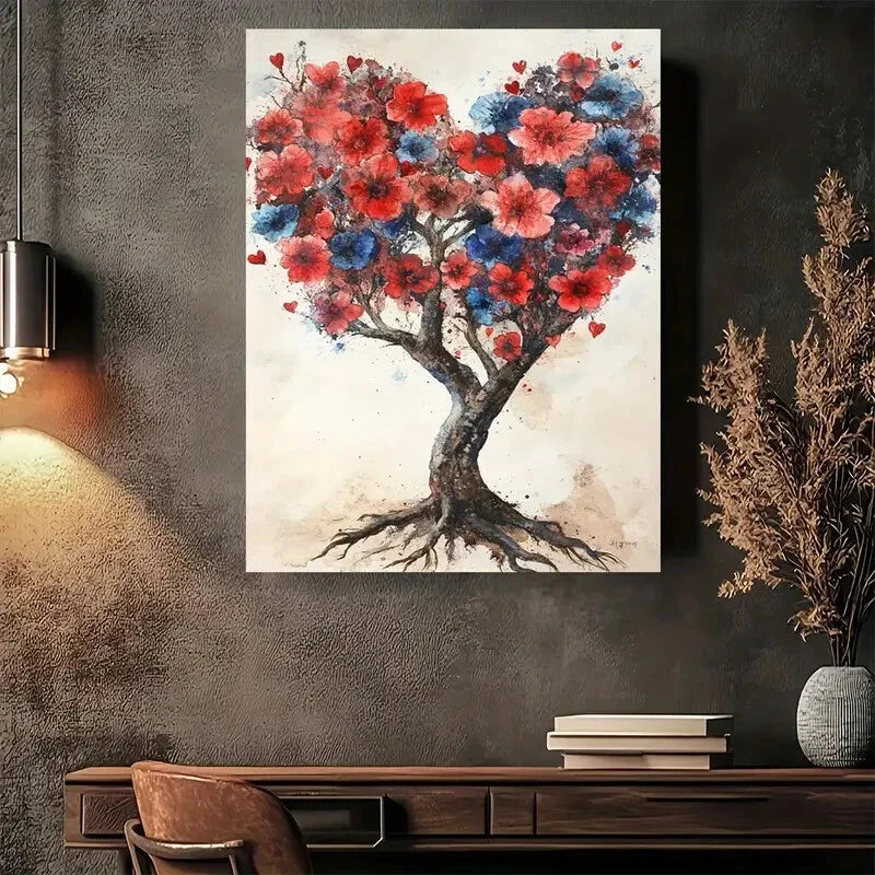 Beautiful Romantic Heart Tree Vibrant Red Painting 40x60cm Metal Print Ready to Hang - Bella Home Decor