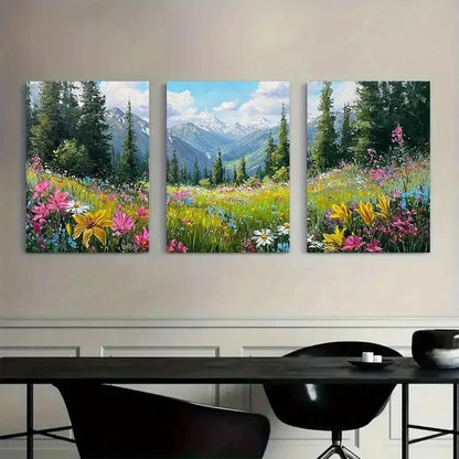 3pcs Vibrant Wildflower Landscape with Mountains Metal Print Ready to Hang Art
