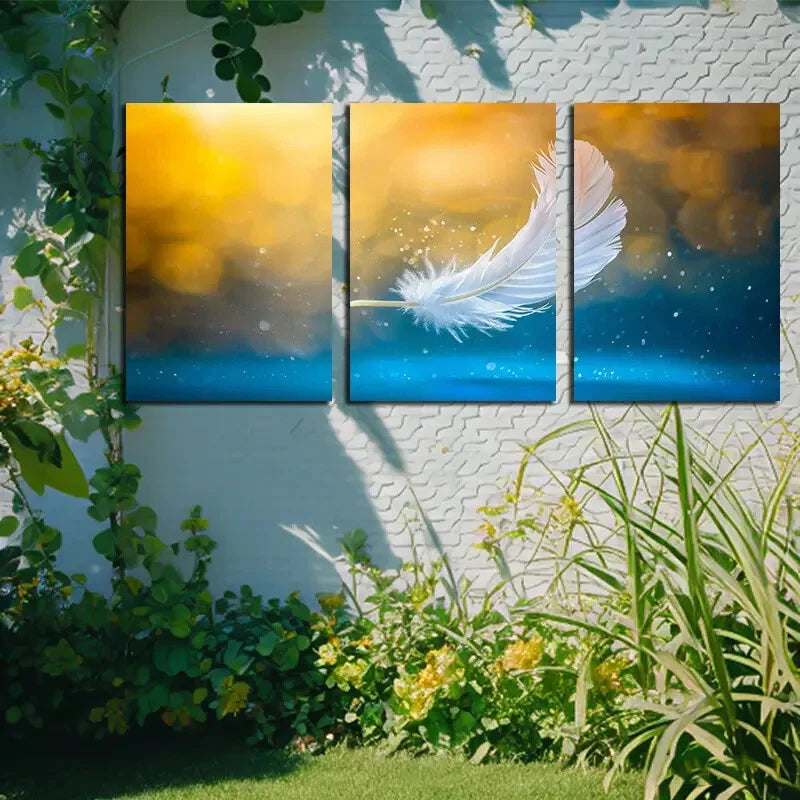 3pcs White Feather in vibrant Background Metal Print Ready to Hang Art - Bella Home Decor