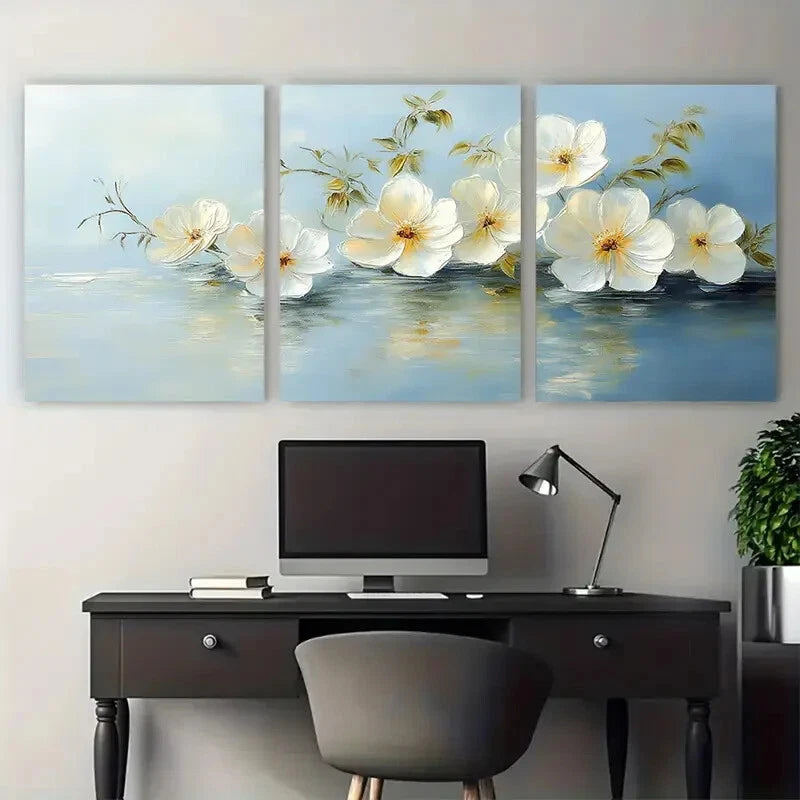3pcs Elegant White Flowers Blossoms by the Water Metal Print Ready to Hang Art - Bella Home Decor
