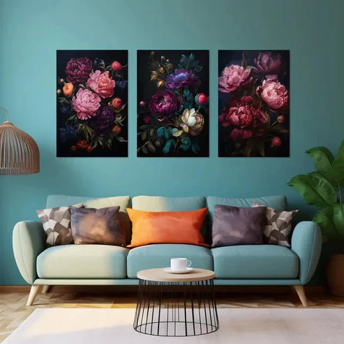 3pcs Dark Floral Peony Wall Art Set Canvas Unframed - High Quality Print 100% Australian Made Wall Canvas - Bella Home Decor