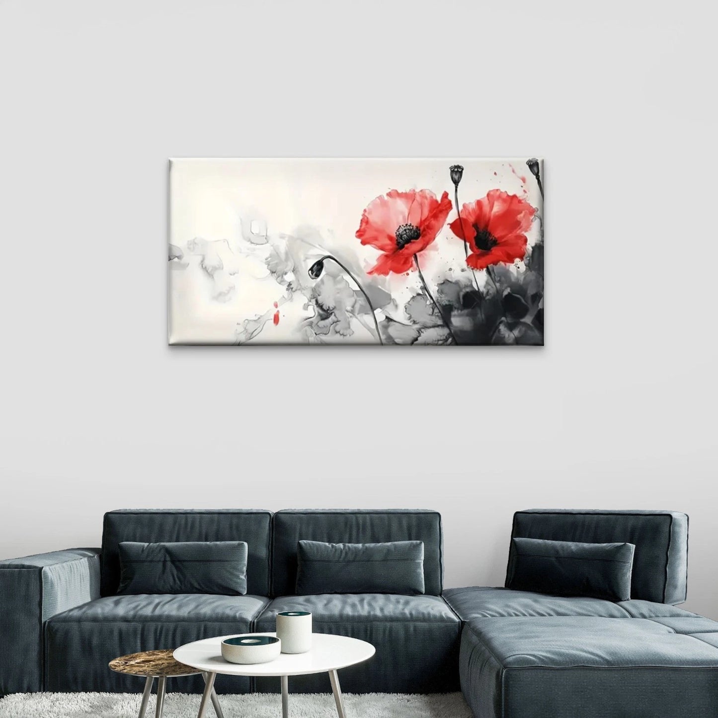 Poppies White Black Red Wall Art Canvas Office Home Room Framed 120x60cm