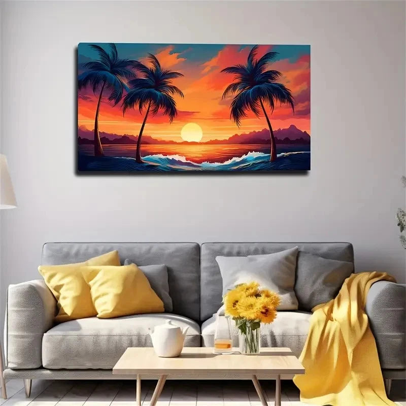 Vibrant Beach Sunset With Palm Wall Art Canvas Office Home Room Framed 120x60cm