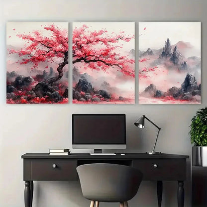 3pcs Elegant Sakura Blossom Watercolor Abstract Metal Print Ready to Hang Art - Bella Home Decor