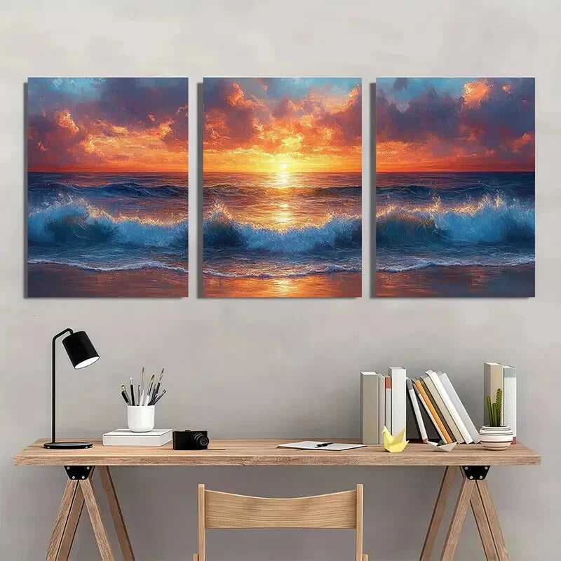3pcs Ocean Waves Art Original Seascape Painting Metal Print Ready to Hang Art - Bella Home Decor